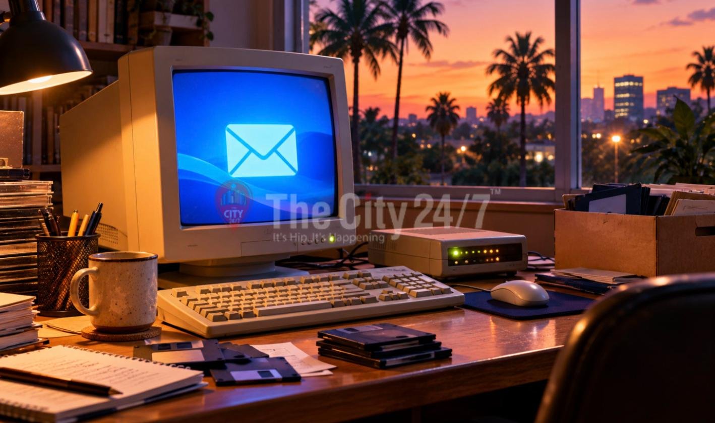 A 1990s desk with a beige CRT monitor showing an envelope icon, a modem with green lights, floppy disks and a mug, with palm trees and a city skyline at dusk outside