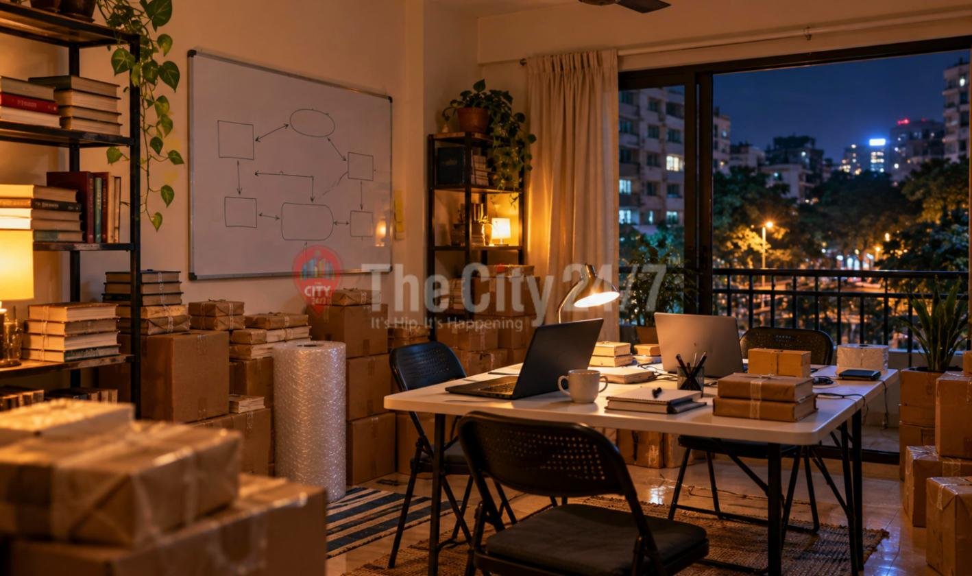 A small apartment at night crowded with taped parcels, stacked books and bubble wrap around a folding table with two laptops and a whiteboard flowchart, with a balcony view of lit buildings