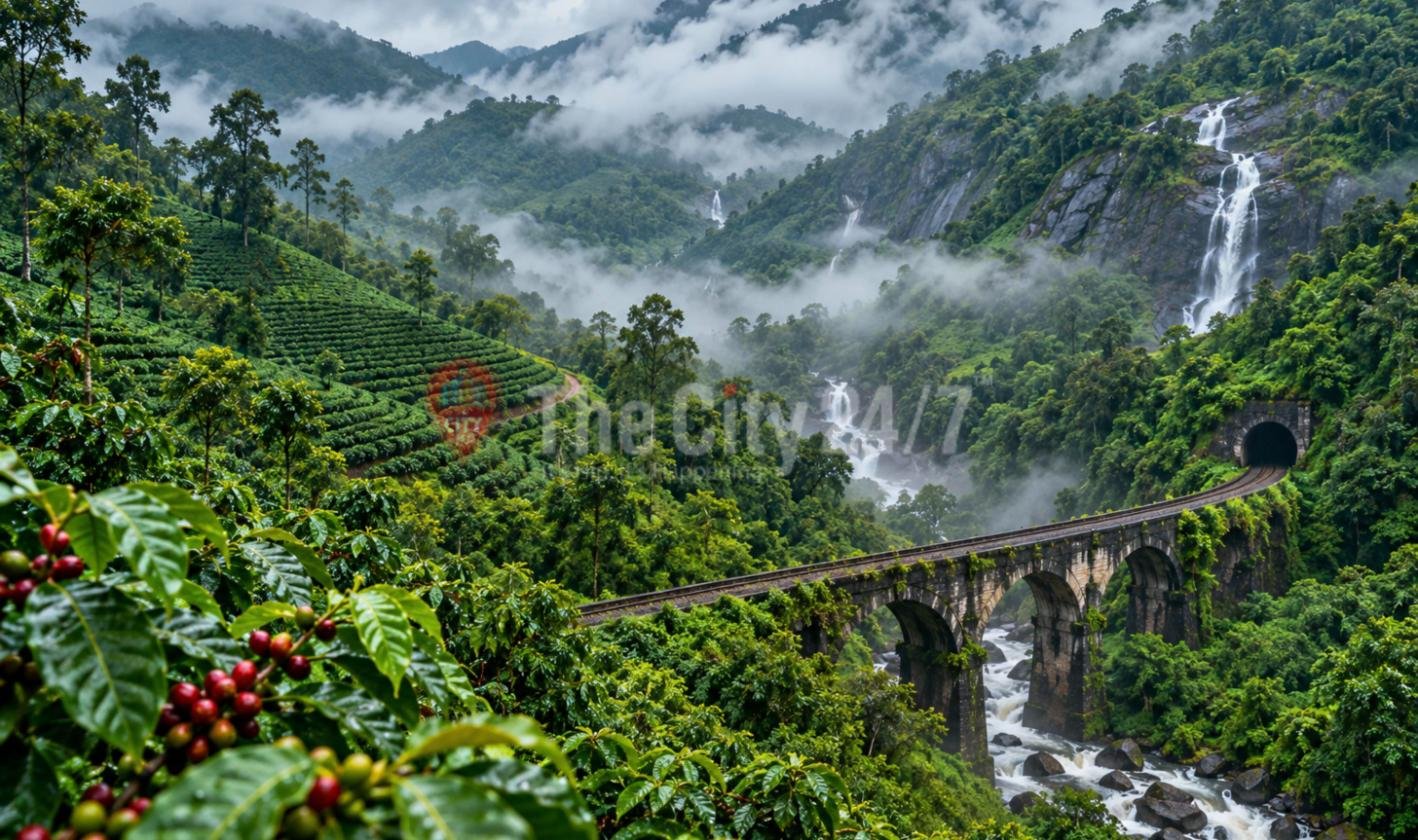 A monsoon valley with ripe coffee cherries in the foreground, terraced plantations, misty forested hills, waterfalls and a stone railway viaduct leading to a tunnel