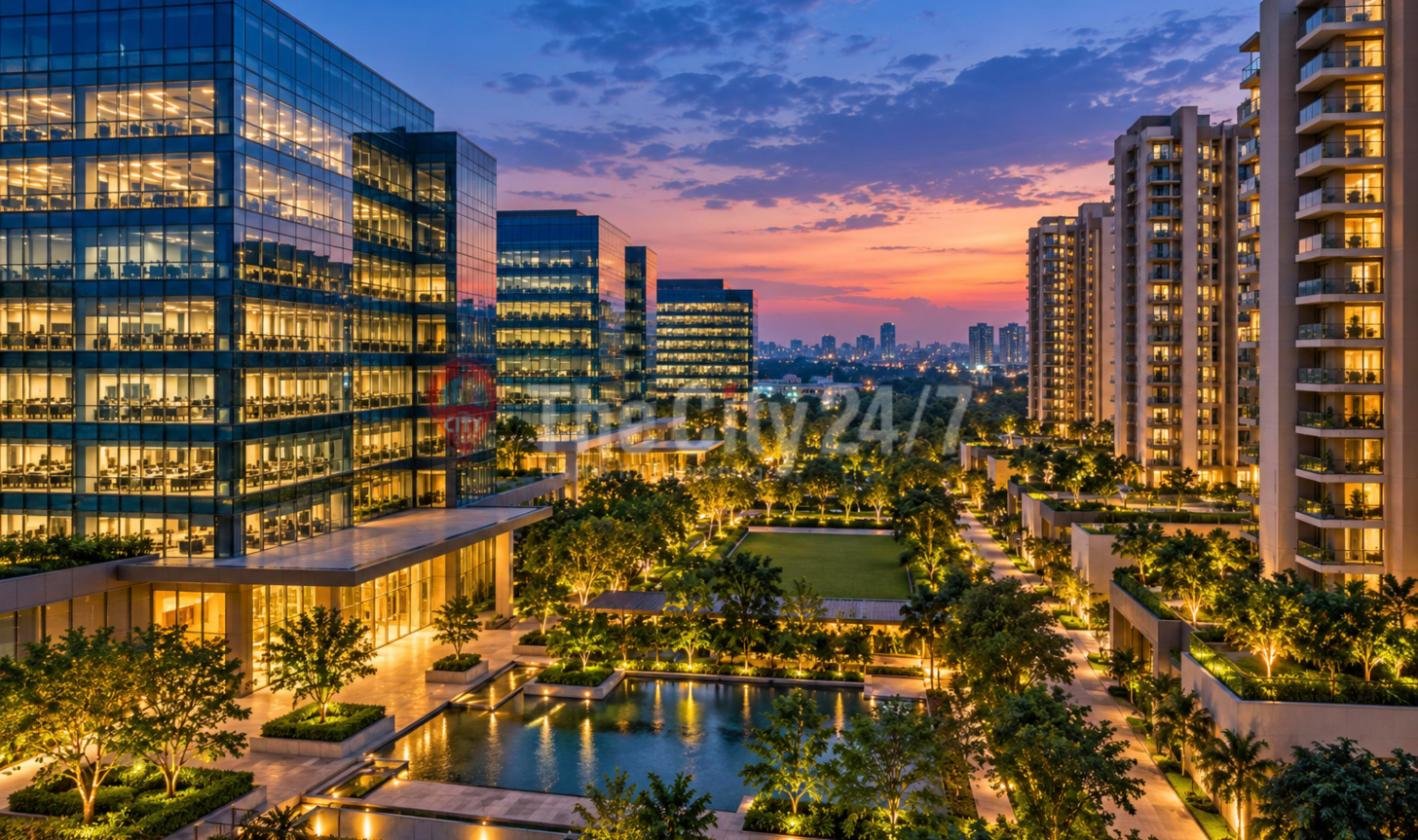Glass office towers and residential high-rises lit up at dusk around landscaped gardens, a central lawn and a long reflecting pool