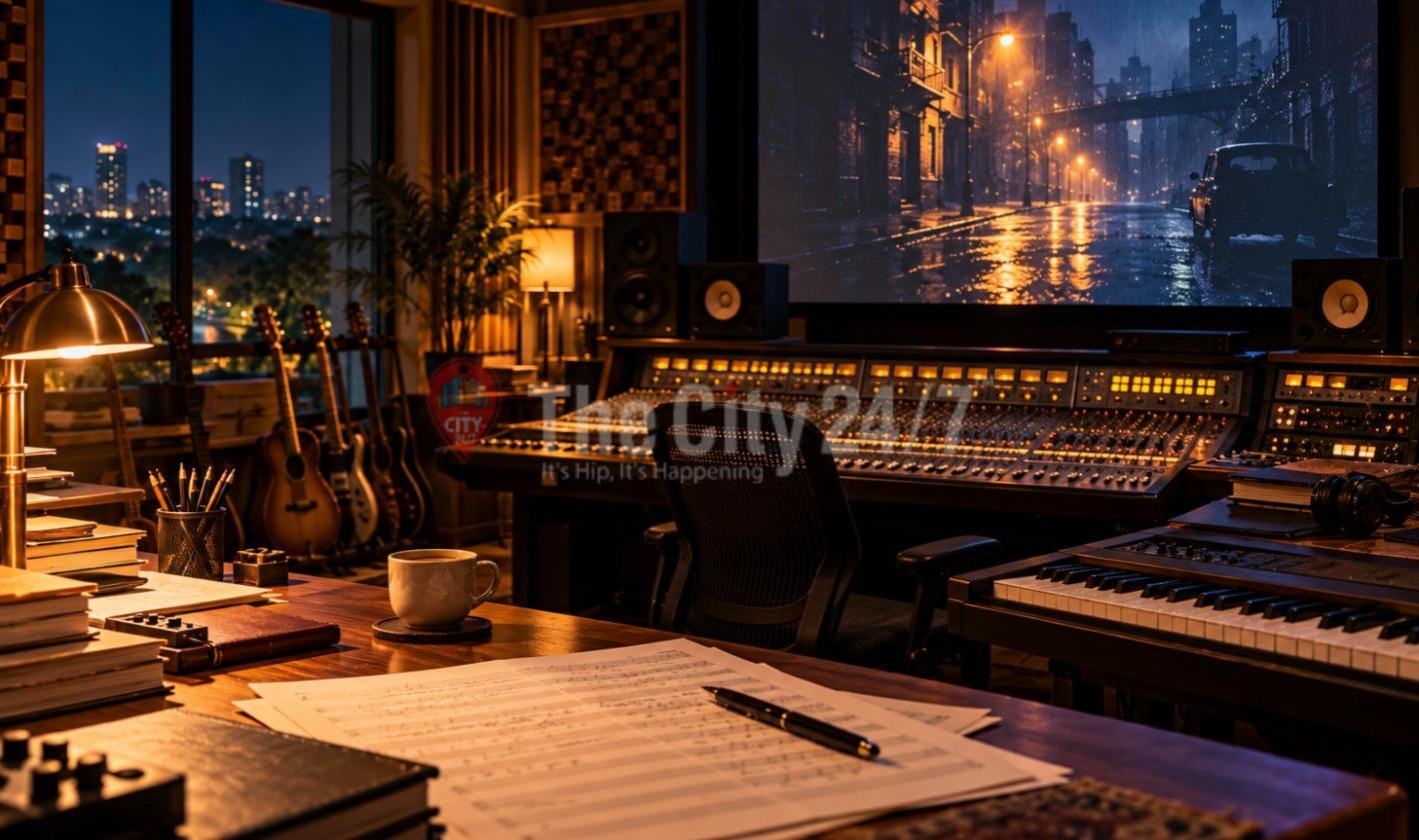 A film-scoring studio at night with a mixing console, keyboard, guitars, sheet music and a large screen showing a rain-soaked noir street, with the city lights outside