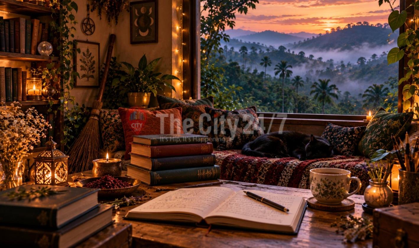 A candlelit writer's nook with spellbooks, an open notebook, dried herbs, a broom and a black cat asleep on cushions, looking out over misty forested hills at sunset