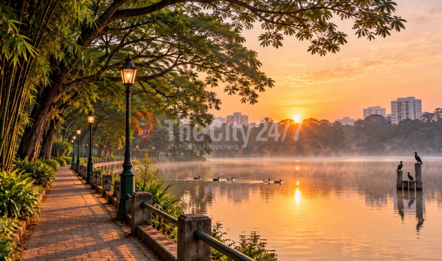 A tree-lined lakeside promenade with old lamp posts and railings at sunrise, with ducks on the misty water, cormorants on posts and apartment blocks beyond