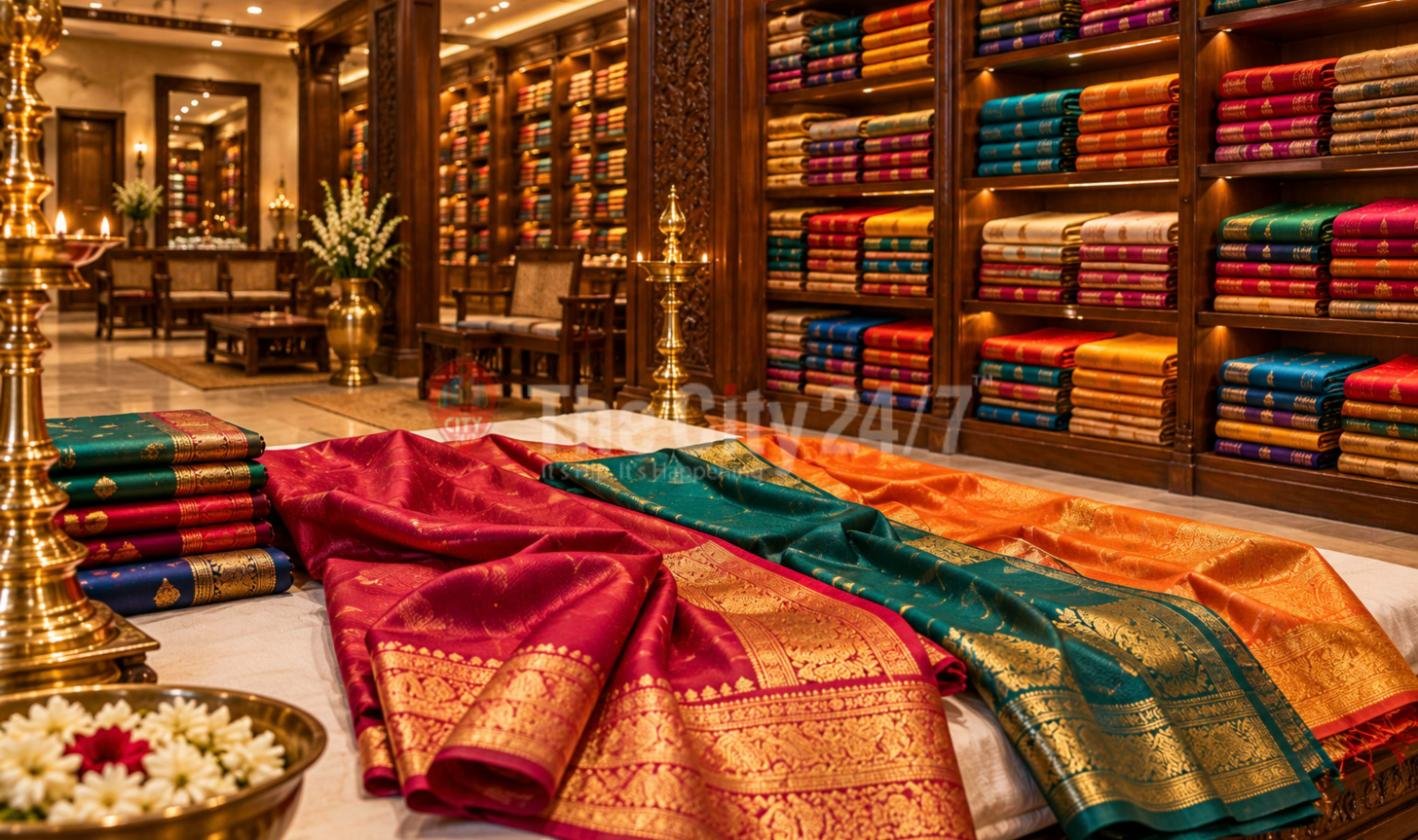 Silk saris in red, green and orange with gold borders spread across a display bench, in a showroom with carved wooden shelves of folded saris, brass lamps and a bowl of flowers