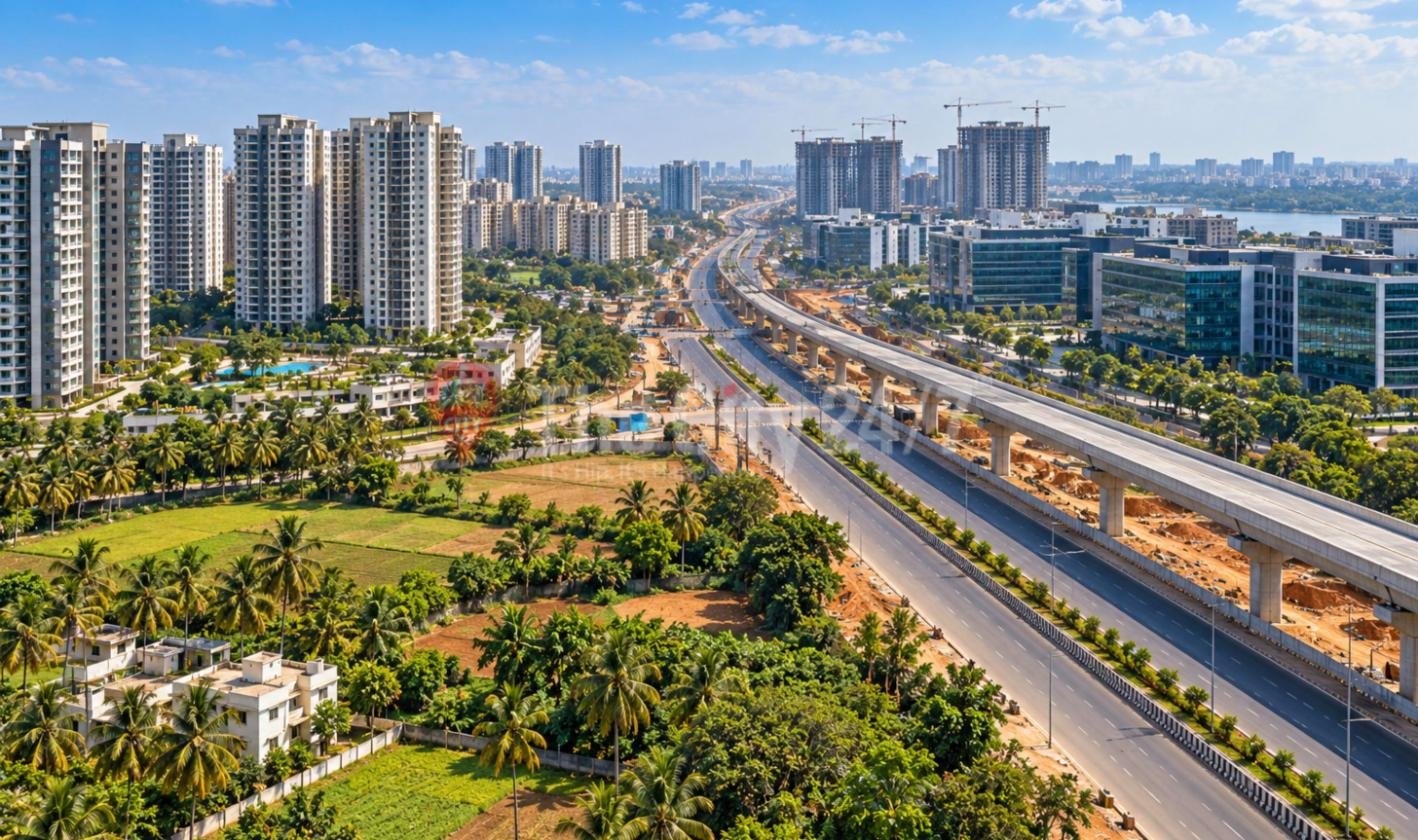 An aerial view of a wide highway with an elevated metro line under construction, running between palm groves, apartment towers, glass offices, cranes and a lake