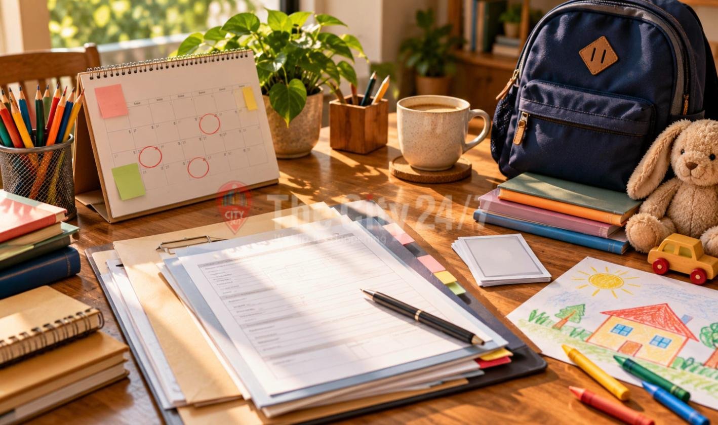 A desk with admission forms on a clipboard, tabbed folders, passport photos, a calendar with dates circled in red, a school backpack, a soft toy and a child's crayon drawing
