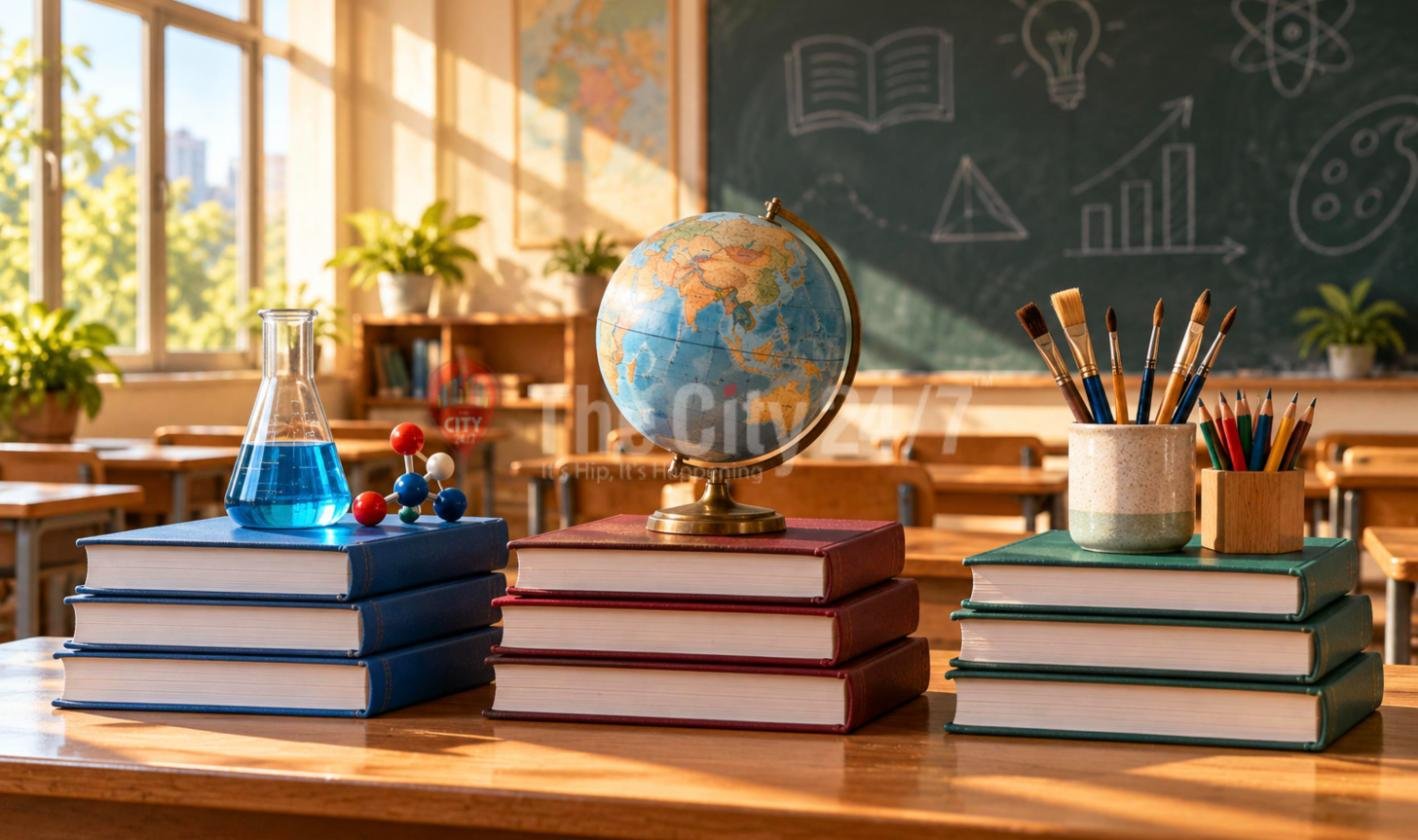 Three stacks of blue, red and green textbooks topped with a flask and molecule model, a globe and a pot of paintbrushes, in a sunlit classroom with a chalkboard
