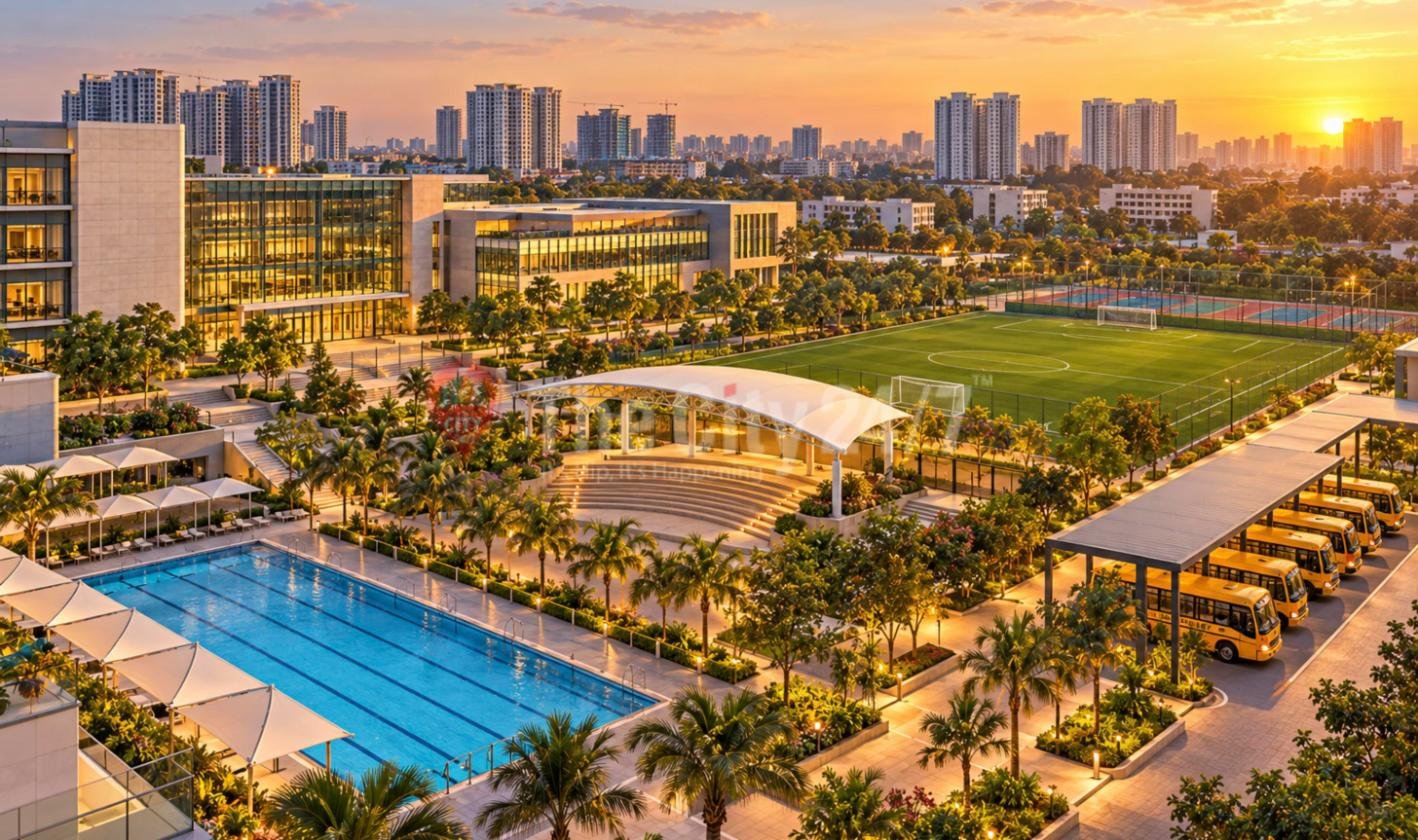 A large modern school campus at sunset with glass buildings, a swimming pool, a covered amphitheatre, a football pitch and a row of yellow school buses, with high-rises behind