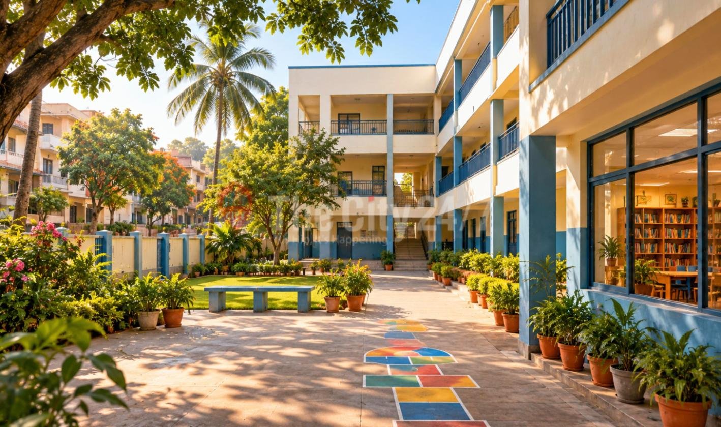 A modest sunlit school building with blue railings, a library behind large windows, potted plants and a painted hopscotch grid in the courtyard