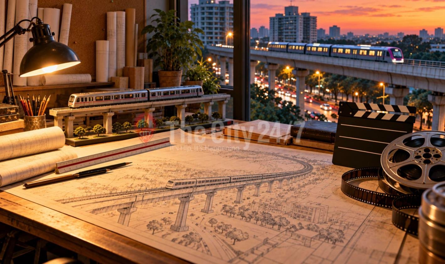 A wooden drafting desk at dusk with metro blueprints, a model elevated train, a film clapperboard and reels, beside a window overlooking a lit metro line