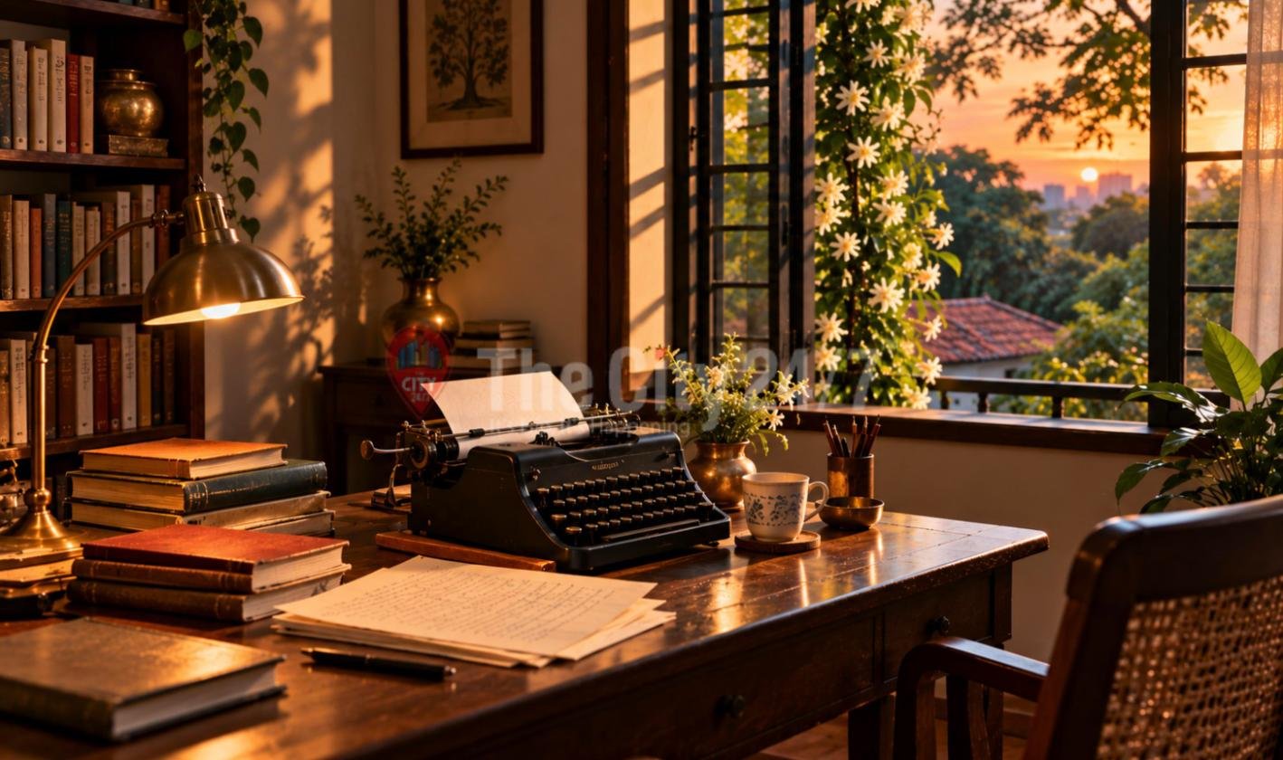 A writer's desk at sunset with a vintage typewriter, handwritten pages, stacked books and a cane chair beside a window framed by jasmine