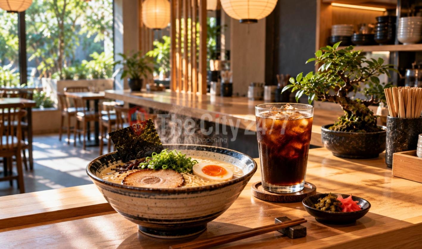 A bowl of ramen with chashu, a soft egg, spring onions and nori beside an iced drink and a bonsai on the wooden counter of a sunlit Japanese restaurant