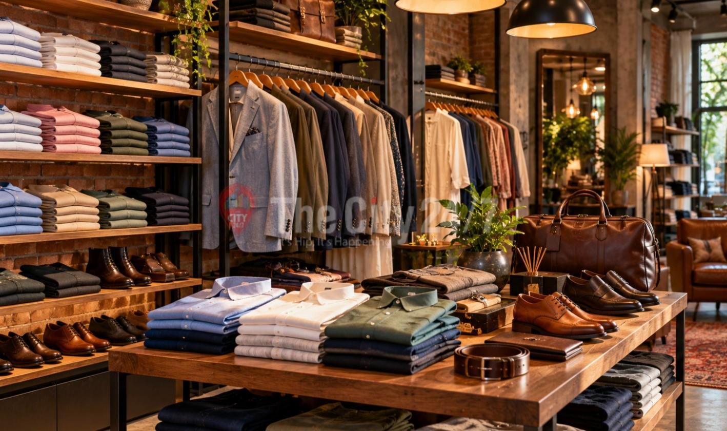 A menswear store with folded shirts, blazers on a rail, leather shoes, a belt and a duffel bag on a wooden table against exposed brick walls
