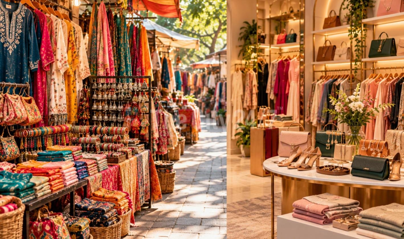 A split scene of a sunlit street market with embroidered kurtas, bangles, jhumkas and printed fabrics, beside a boutique displaying handbags, heels and dresses