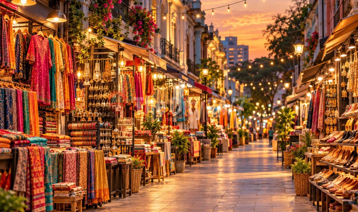 A festive shopping street at dusk lined with stalls of colourful kurtas, dupattas, bangles, brass lamps and shoes under strings of fairy lights