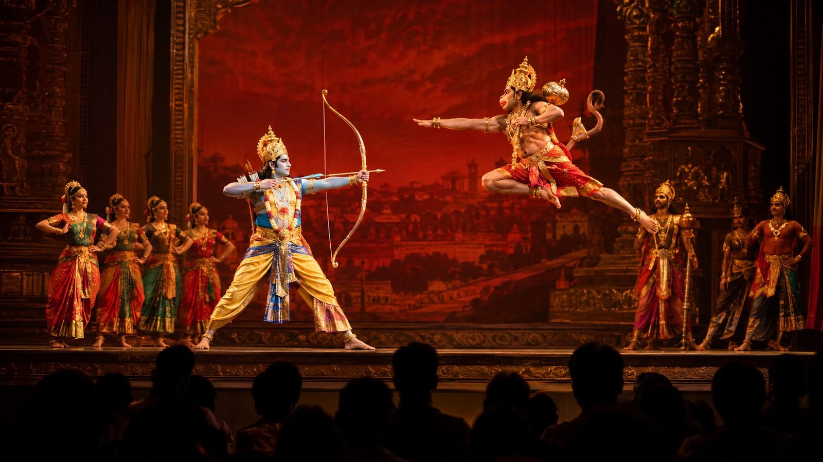 Shree Rama Prateeksha Bengaluru: classical dancers in costume performing a Ramayana dance ballet on stage
