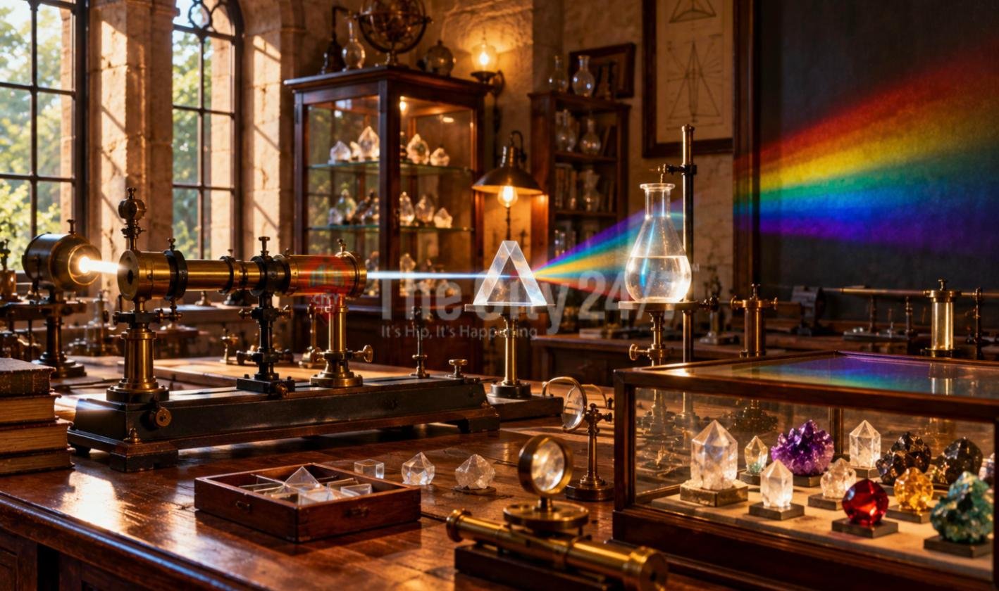A vintage physics laboratory with a brass spectrometer sending a beam of light through a prism into a rainbow, beside cases of crystals and gemstones