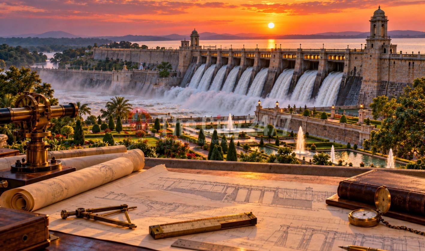 Engineering blueprints, a brass theodolite, a compass and a pocket watch on a desk overlooking a stone dam releasing water above terraced gardens at sunset