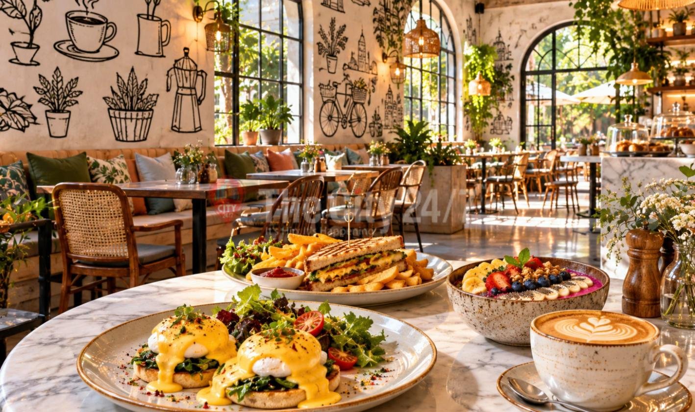 A bright cafe with black line doodles on white walls, eggs benedict, a grilled sandwich with fries, a smoothie bowl and a latte on a marble table