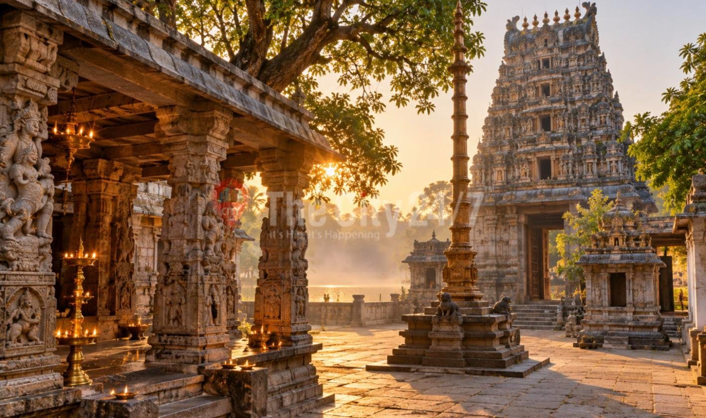 An ancient Dravidian temple at sunrise with intricately carved stone pillars, brass oil lamps, a tall flagstaff and a towering sculpted gopuram