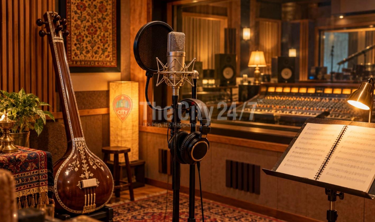 A warmly lit recording studio with a condenser microphone and headphones on a stand, a tanpura against the wall, sheet music and a mixing console behind glass