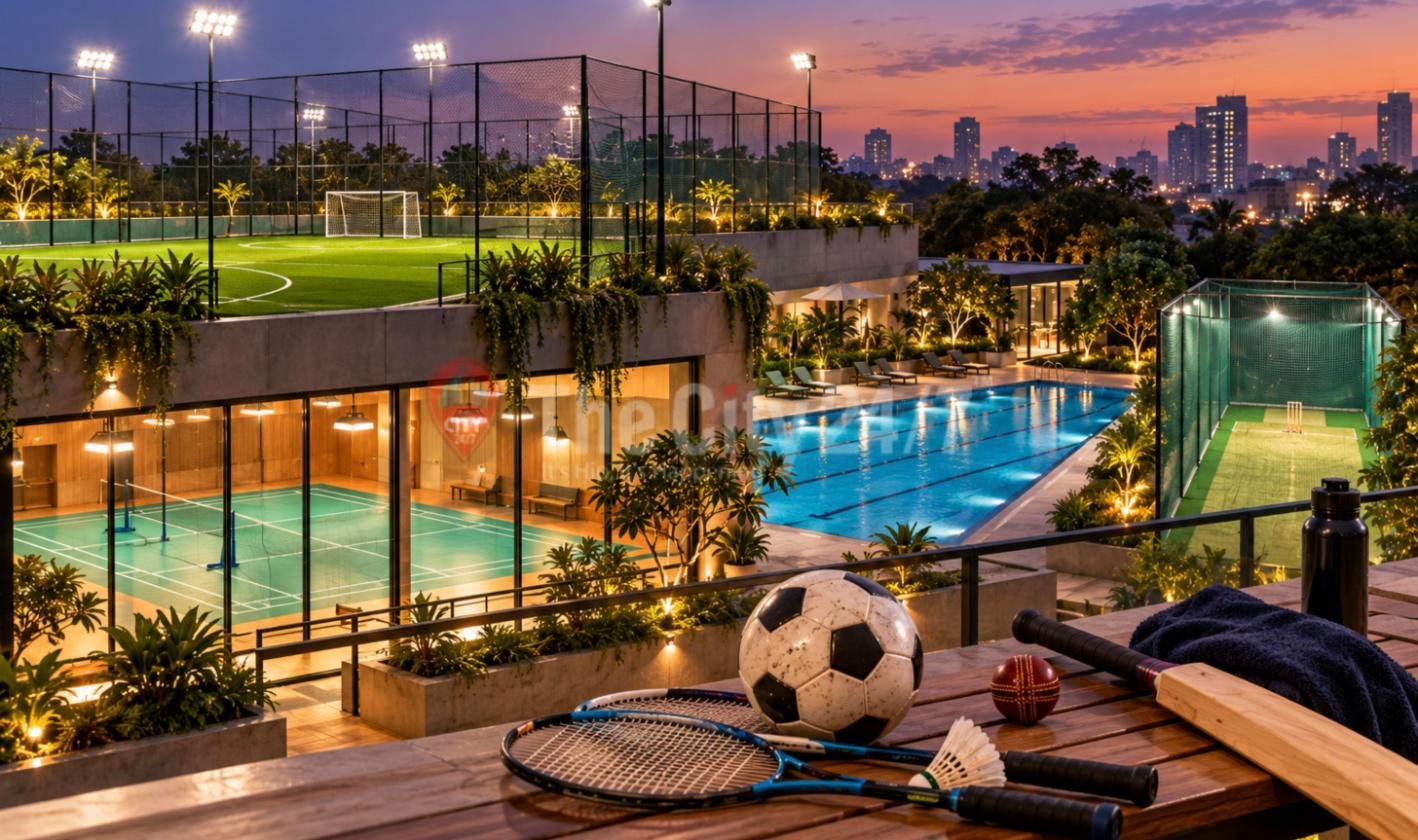 A rooftop sports complex at dusk with a floodlit football turf, an indoor badminton court, a swimming pool and cricket nets, with rackets, a football and a bat in front