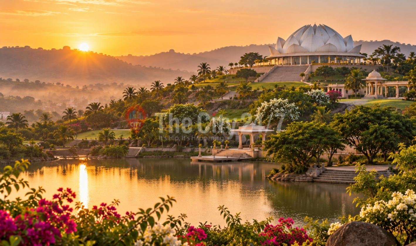 A white lotus-shaped meditation hall on a green hillside at sunrise, with palm trees, pavilions and flowering gardens reflected in a still lake