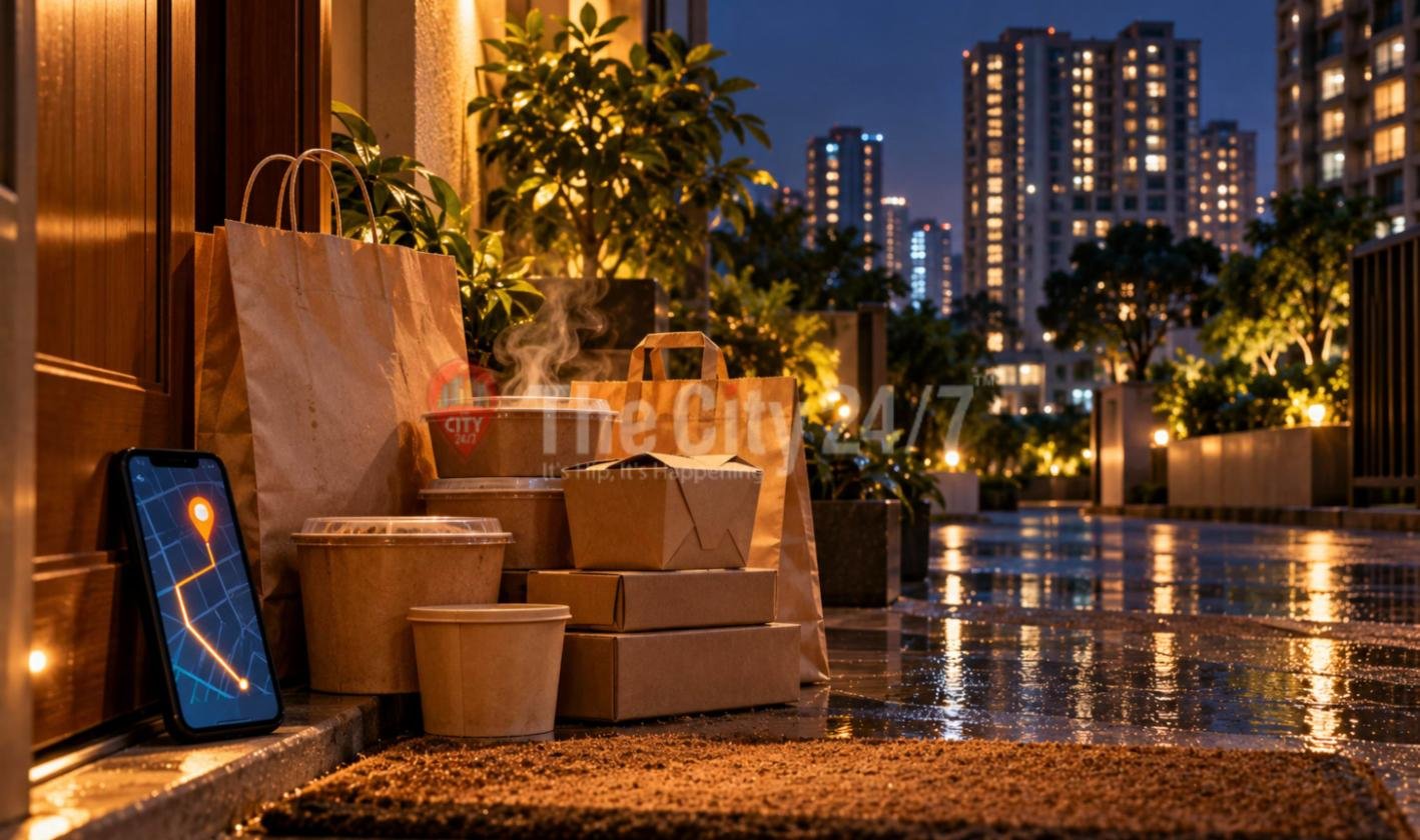 Food delivery bags and steaming takeaway boxes on an apartment doorstep at night, a phone showing a delivery route on a map beside them and high-rises behind