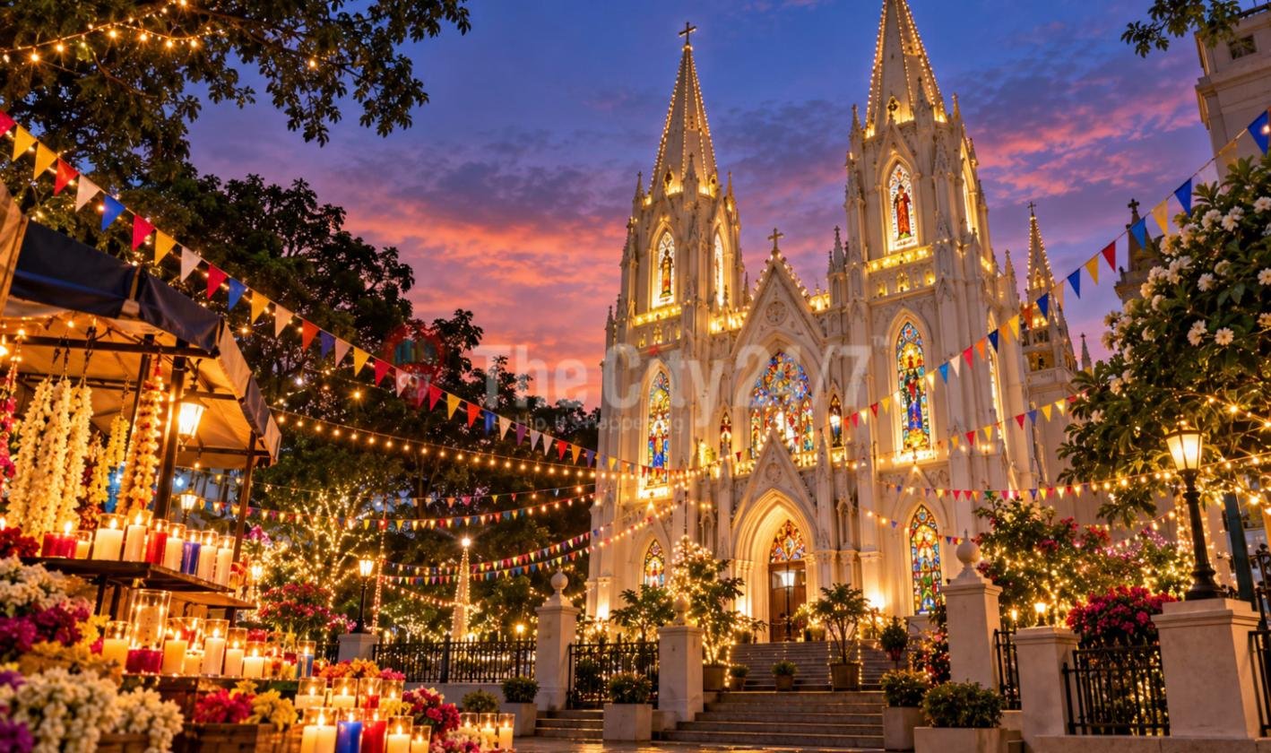 A white Gothic basilica with twin spires and stained glass windows lit up at dusk, the square strung with fairy lights and bunting and candle stalls in front