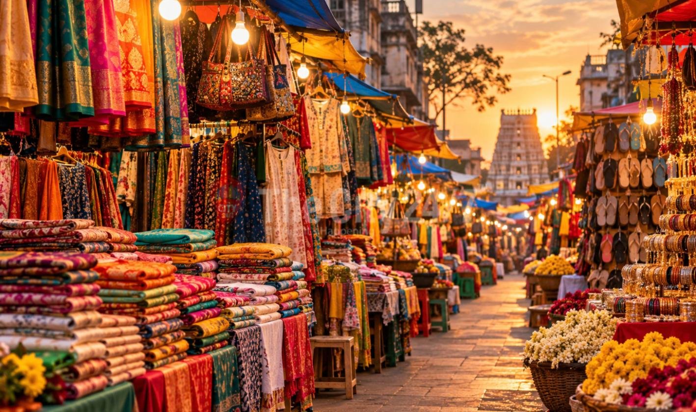 A busy street market at sunset with stacks of colourful fabrics, embroidered bags, slippers, bangles and marigold flowers, a temple gopuram at the end of the lane