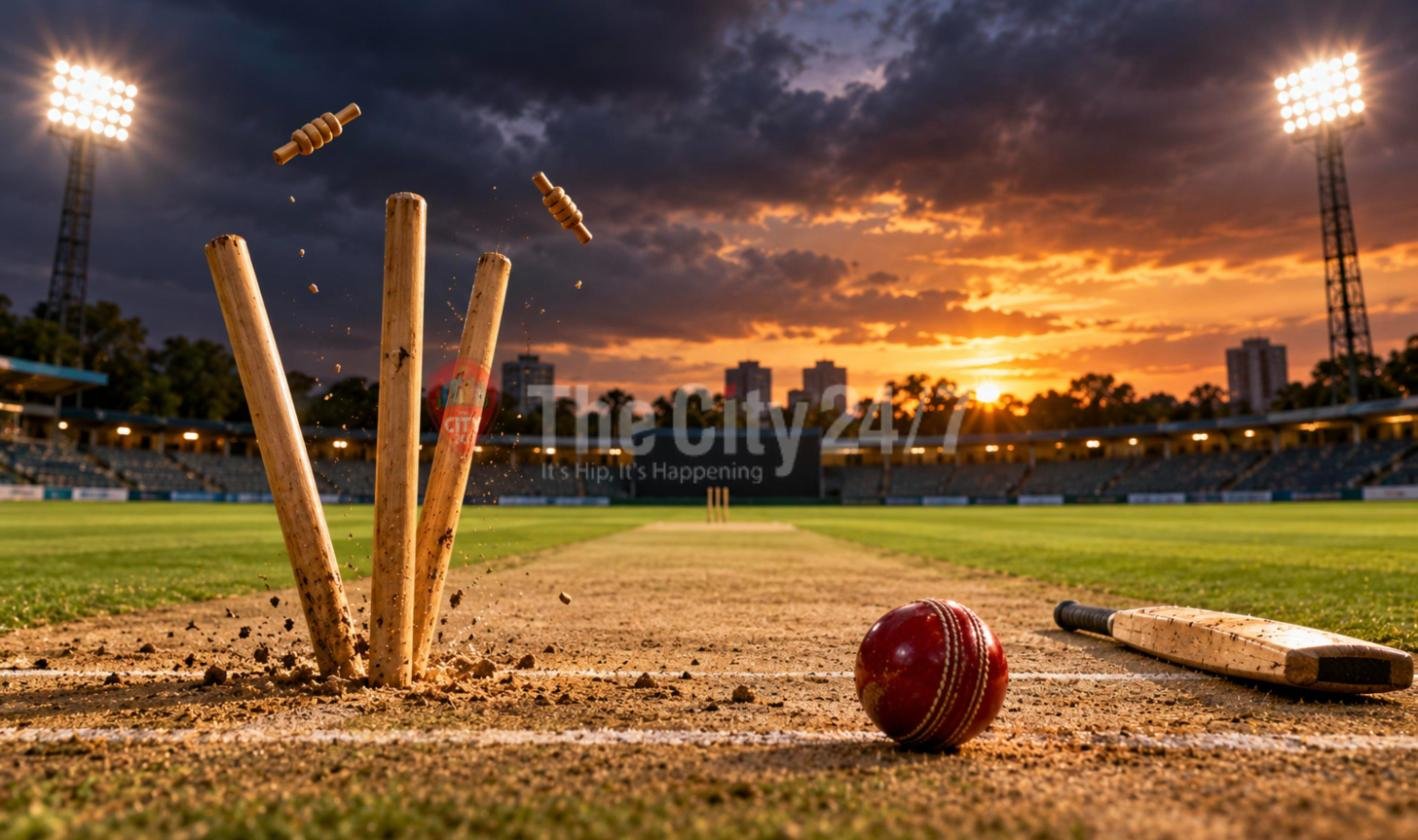 A cricket ball beside shattered stumps and flying bails on a pitch under floodlights at sunset, a bat lying on the grass in an empty stadium