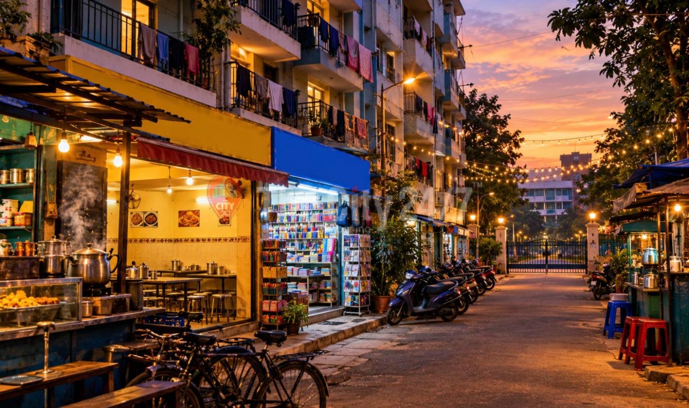 A student street at dusk with a steaming tea stall, a stationery shop, bicycles and scooters parked below apartment balconies hung with laundry