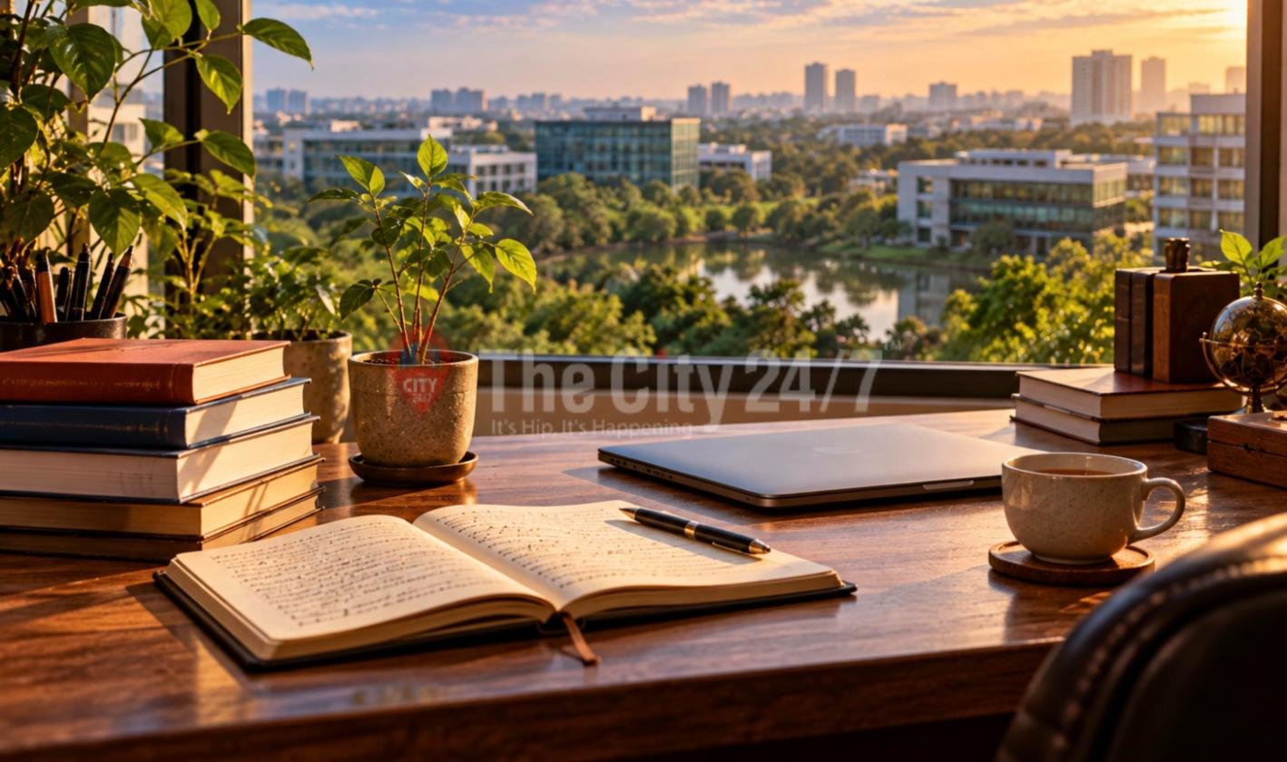 A desk by a window at sunrise with an open notebook, a pen, a closed laptop, books and a cup of tea, overlooking a green tech campus and a lake