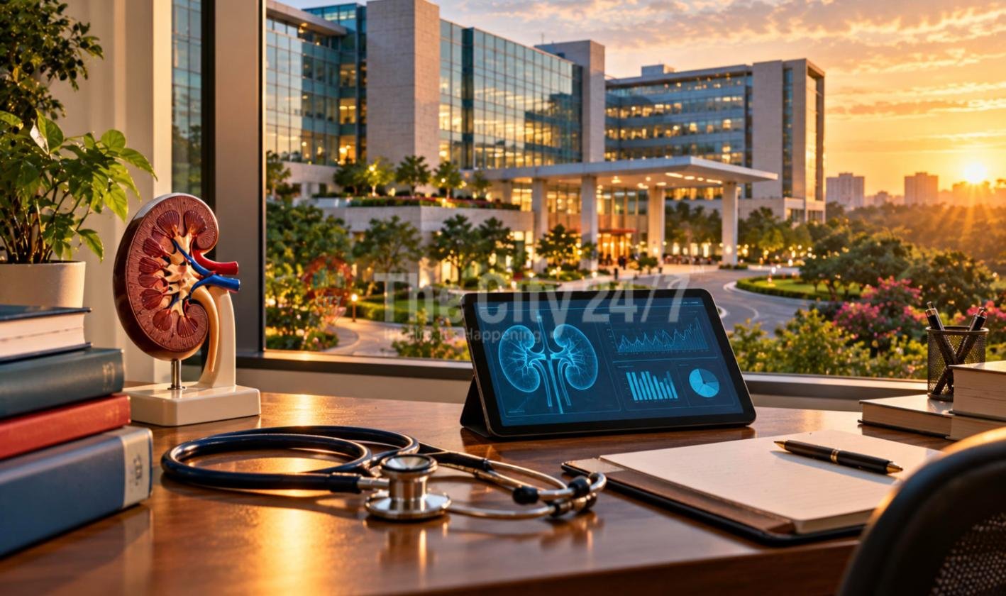 A doctor's desk with a stethoscope, a kidney model and a tablet showing kidney scans, in front of a window overlooking a modern hospital at sunset