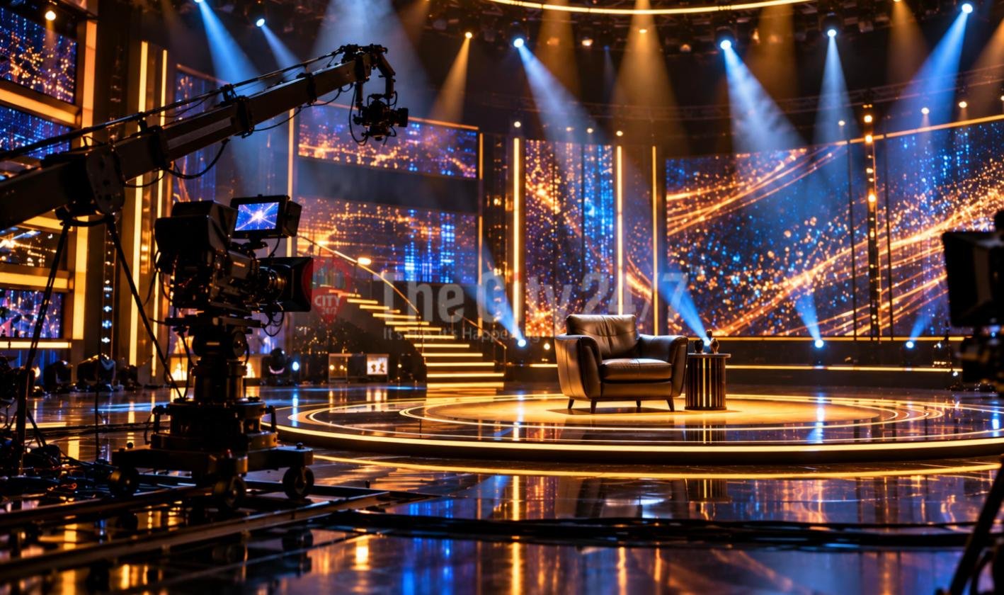 A glittering television studio set with a single leather armchair on a lit circular stage, spotlights, LED screens and a camera crane in the foreground