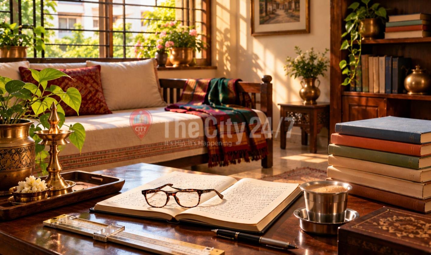 A sunlit traditional living room with an open handwritten notebook, reading glasses, a brass lamp, a steel tumbler of filter coffee and stacked books