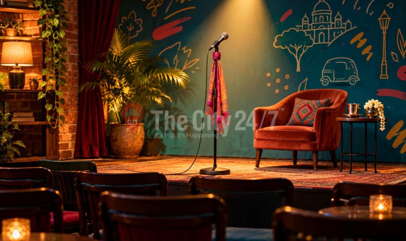 An intimate comedy club stage with a microphone draped in a bright stole under a spotlight, an orange armchair and a hand-drawn Bengaluru doodle wall