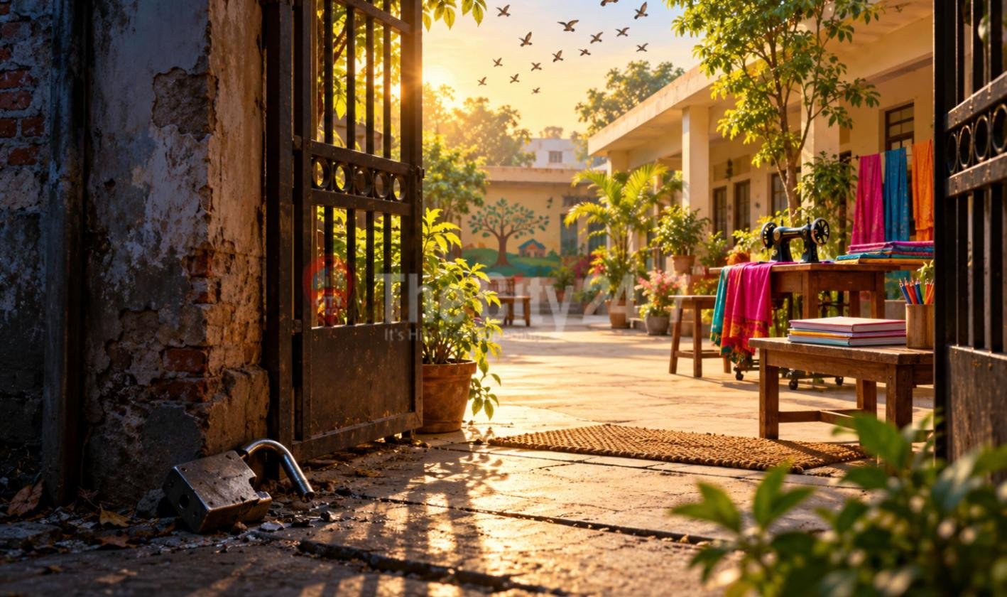 An old iron gate swung open with a broken padlock on the ground, leading into a sunlit courtyard with a sewing machine, bright fabrics, books and birds flying overhead