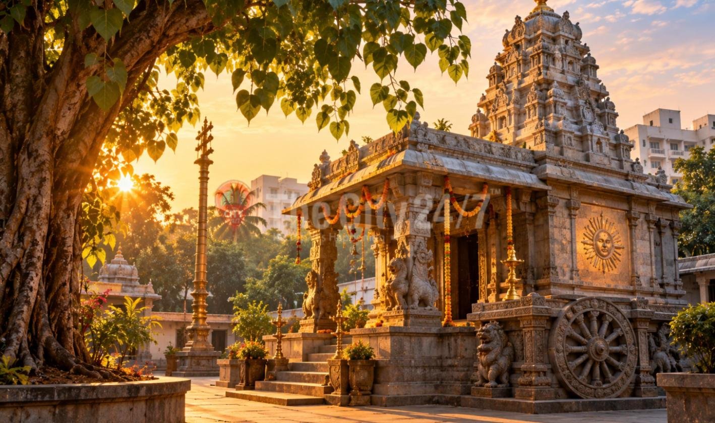 A carved stone temple at sunrise with a sun face relief, a stone chariot wheel, lion sculptures and marigold garlands, framed by a large peepal tree