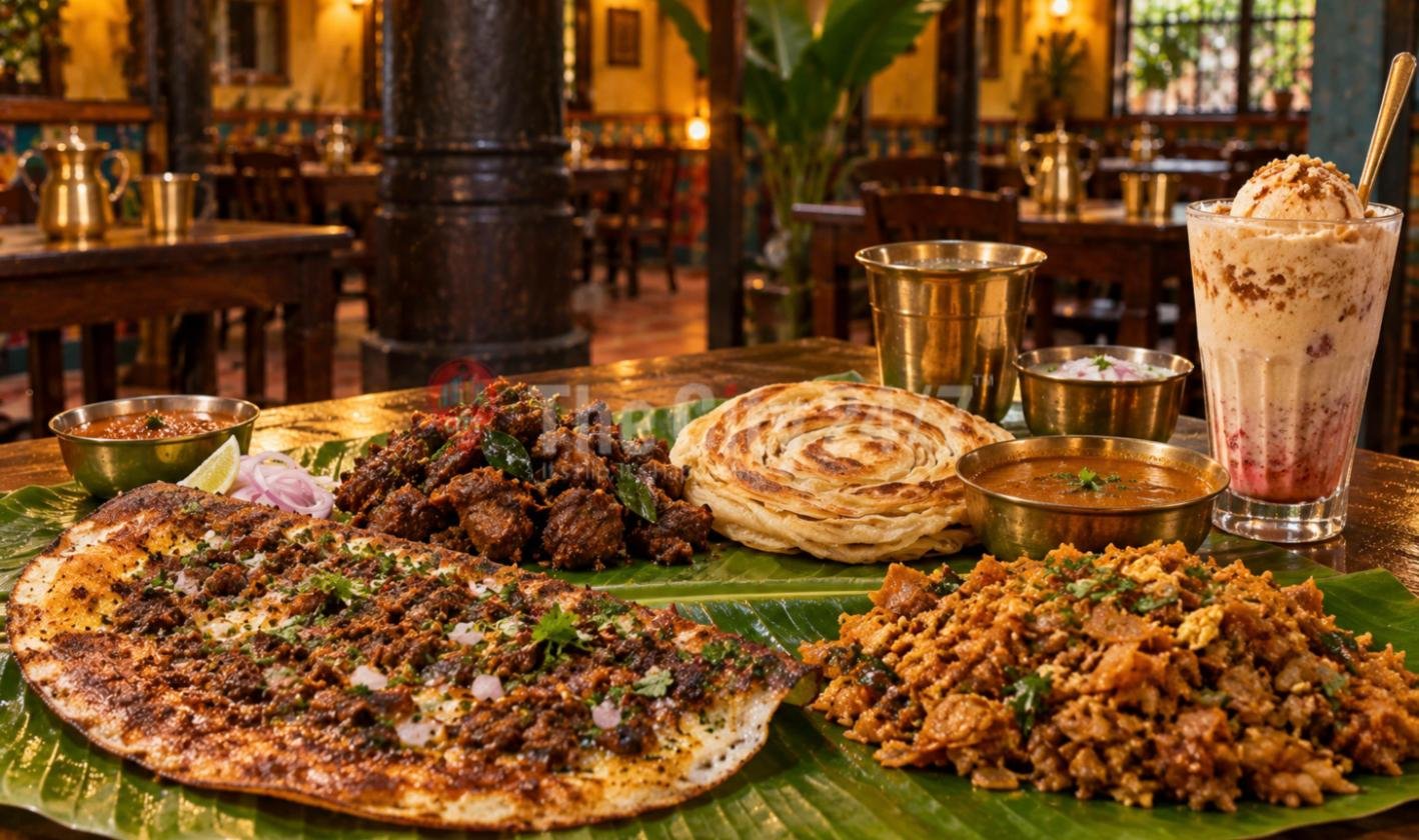 A banana leaf spread of mutton chukka, kari dosa, a flaky parotta and kothu parotta with brass bowls of salna and a tall jigarthanda glass in a warm wood-panelled dining room