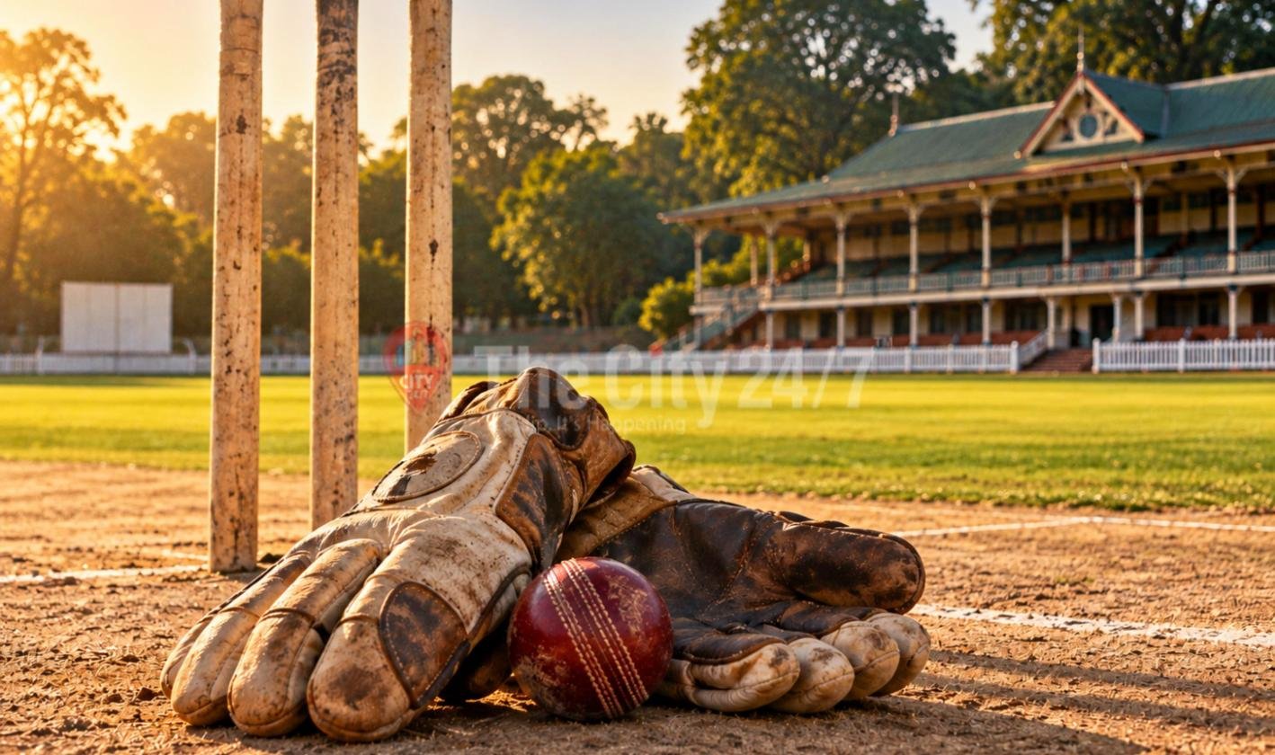 Worn leather wicketkeeping gloves and a red cricket ball resting beside the stumps on a sunlit pitch, with a heritage pavilion and trees behind