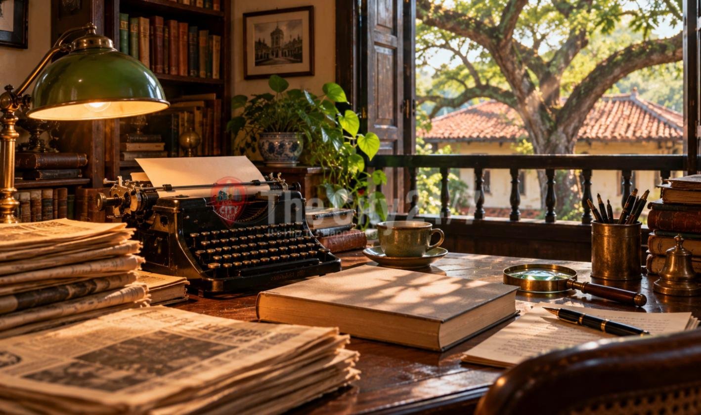 A writer's desk with a vintage typewriter, stacks of old newspapers, a hardback book, a fountain pen and a green banker's lamp, beside an open window onto a tiled roof and a large tree