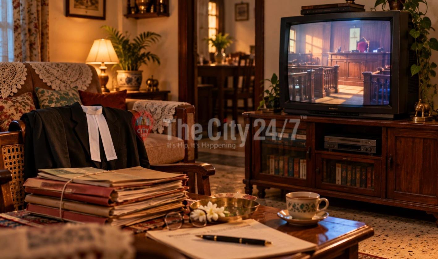 A lawyer's black coat and white bands draped over a cane chair beside tied case files, with an old television showing a courtroom in a warmly lit living room