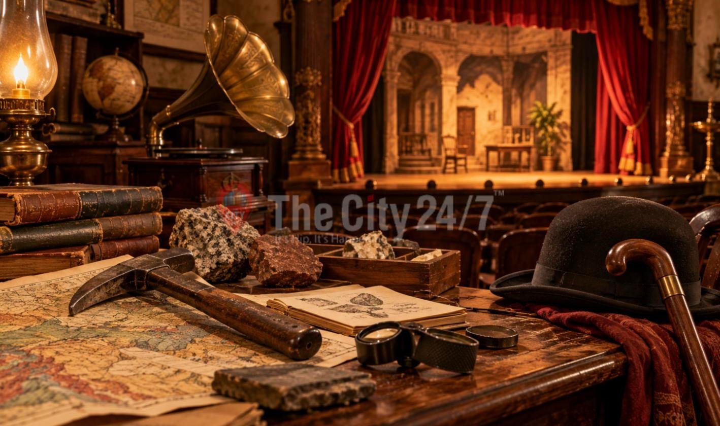 A geologist's hammer, rock samples, a loupe and an old map on a desk next to a gramophone, a bowler hat and a cane, facing a curtained theatre stage