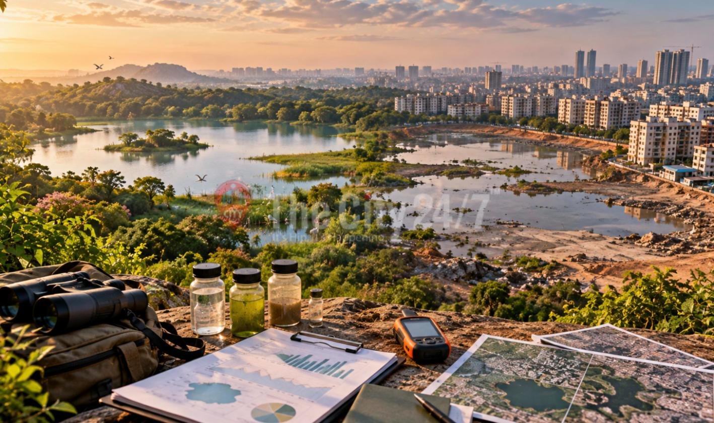Binoculars, water sample jars, a GPS unit, a clipboard of charts and satellite maps on a rock overlooking a city lake with wetland on one side and construction debris on the other