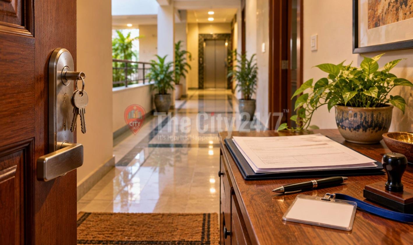 House keys hanging from an apartment door handle beside a desk with a folder of verification forms, a pen, an ID card holder and a rubber stamp, looking down a marble corridor