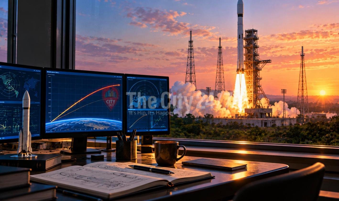 A rocket lifting off from a launch tower at sunset, seen through a window behind a desk with trajectory monitors, a model missile, a coffee mug and an engineering sketchbook