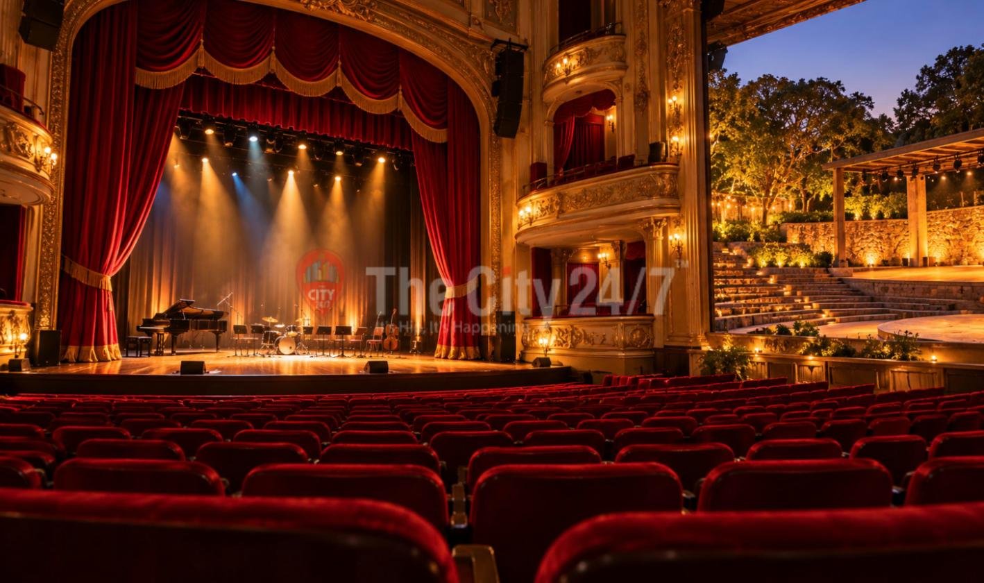 An ornate auditorium with rows of red velvet seats facing a lit stage with a grand piano and drum kit, opening onto an open-air stone amphitheatre under evening trees