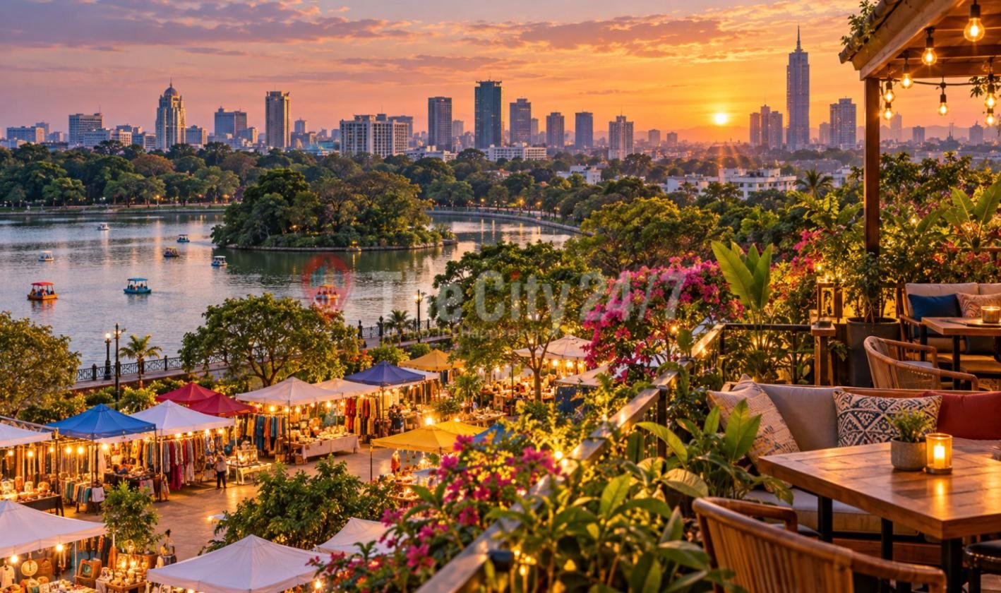 A rooftop café terrace at sunset overlooking a lake with pedal boats, a lantern-lit weekend flea market below and the city skyline on the horizon