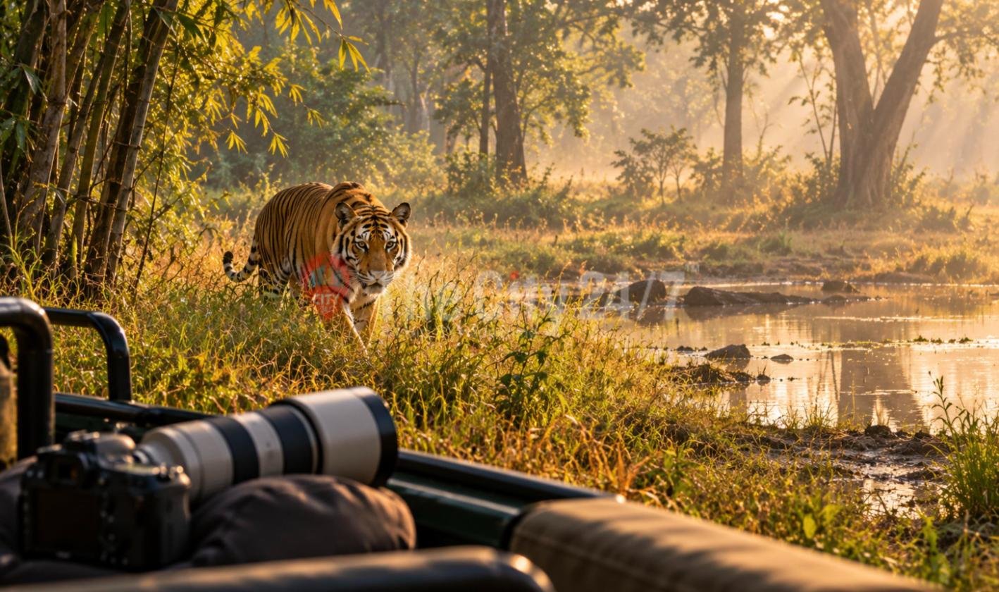 A tiger walking through golden grass beside a forest waterhole at sunrise, seen from a safari jeep with a long-lens camera resting on the side